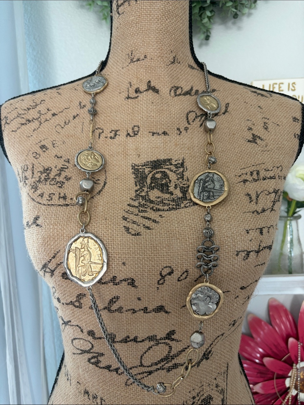 Chico's Long Mixed Metal Coin-Style Pendant Necklace - Gold & Silver